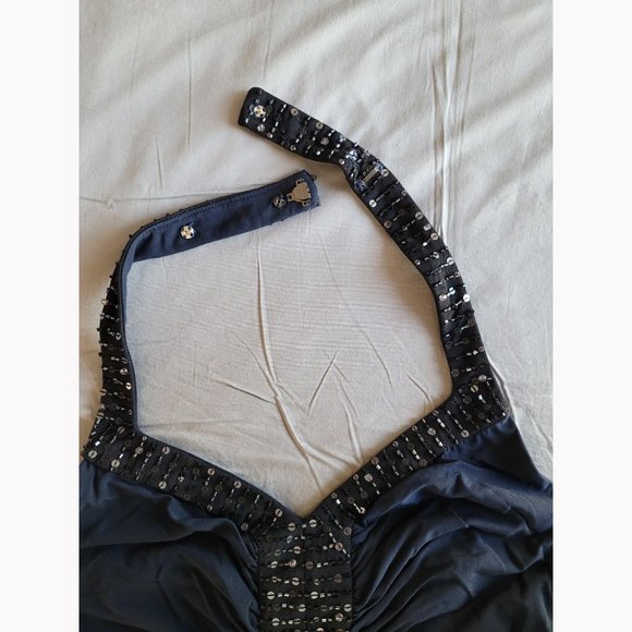 NWOT BCBGMaxAzria Navy Beaded Sequins Halter Evening Dress - Picture 5 of 13